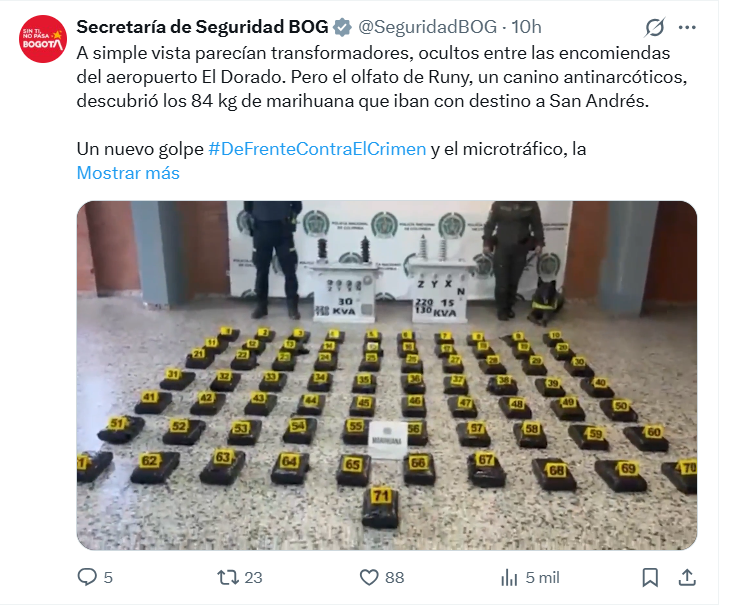 Más de 84 kilos de marihuana fueron incautados en el aeropuerto El Dorado: estaban ocultos en transformadores de energía