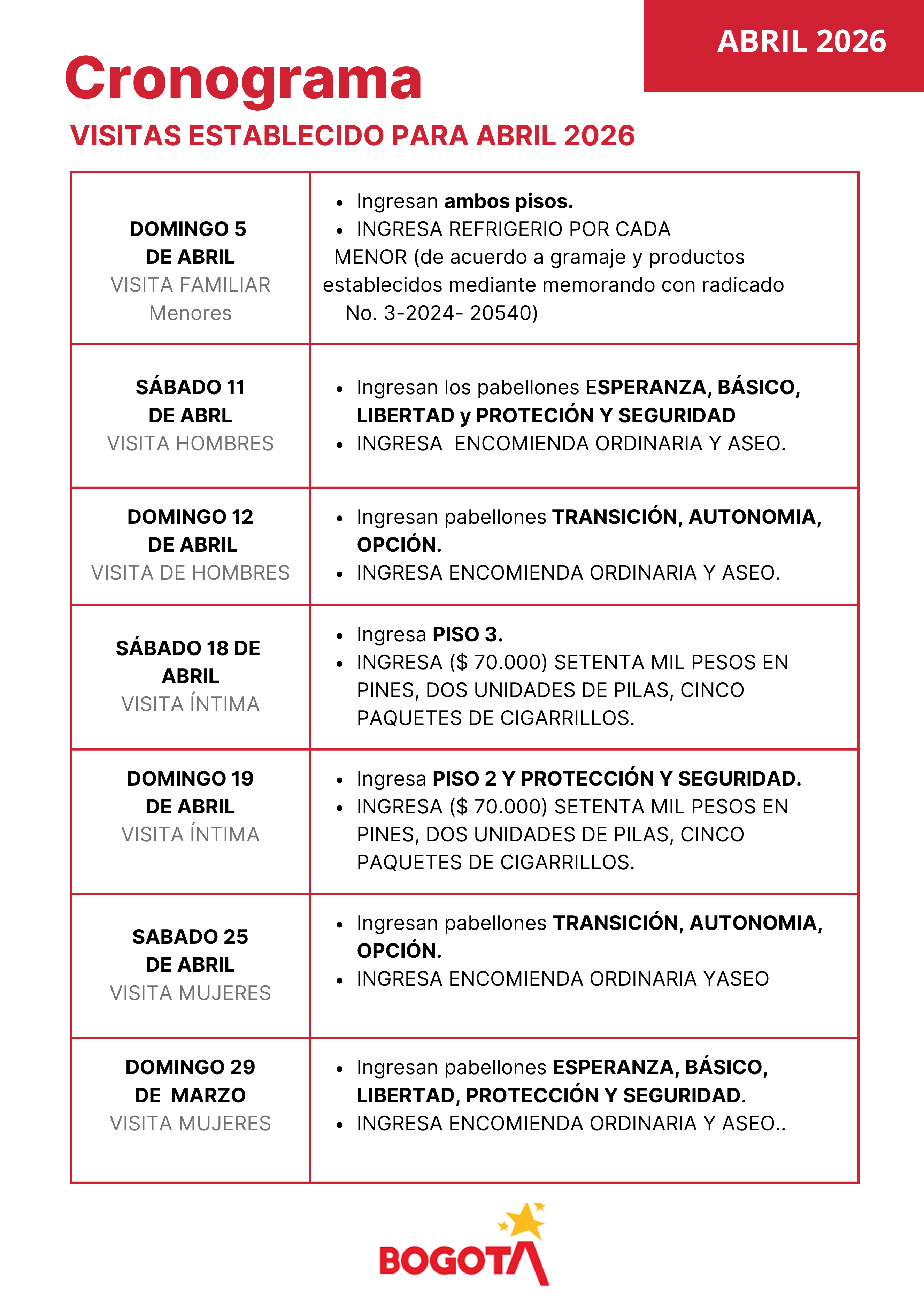 Cronograma Cárcel Distrital mes de  Abril 2026