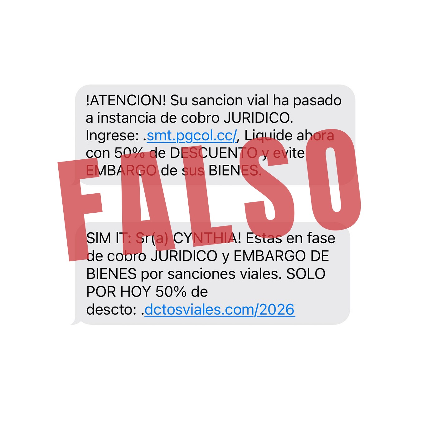 Texto enviado por mensaje de texto que es una estafa
