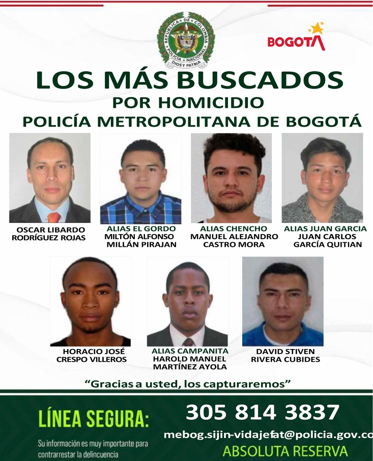 Autoridades intensifican la búsqueda de siete homicidas en Bogotá: así se puede aportar información