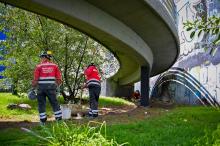 Personas limpiando un puente